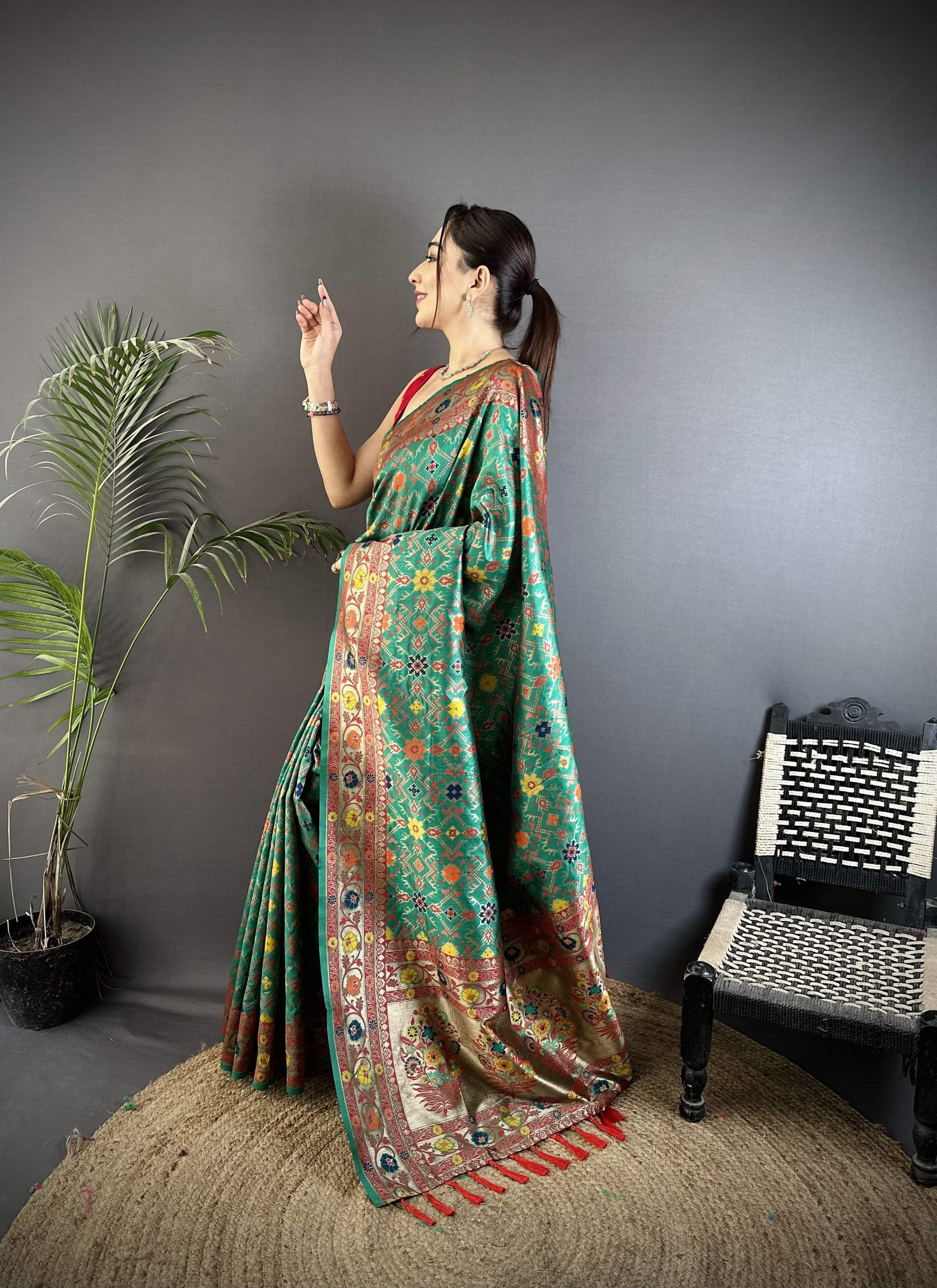 Sonakshi Women's Teal Banarsi Silk Tassel Weaving Traditional Saree with Blouse