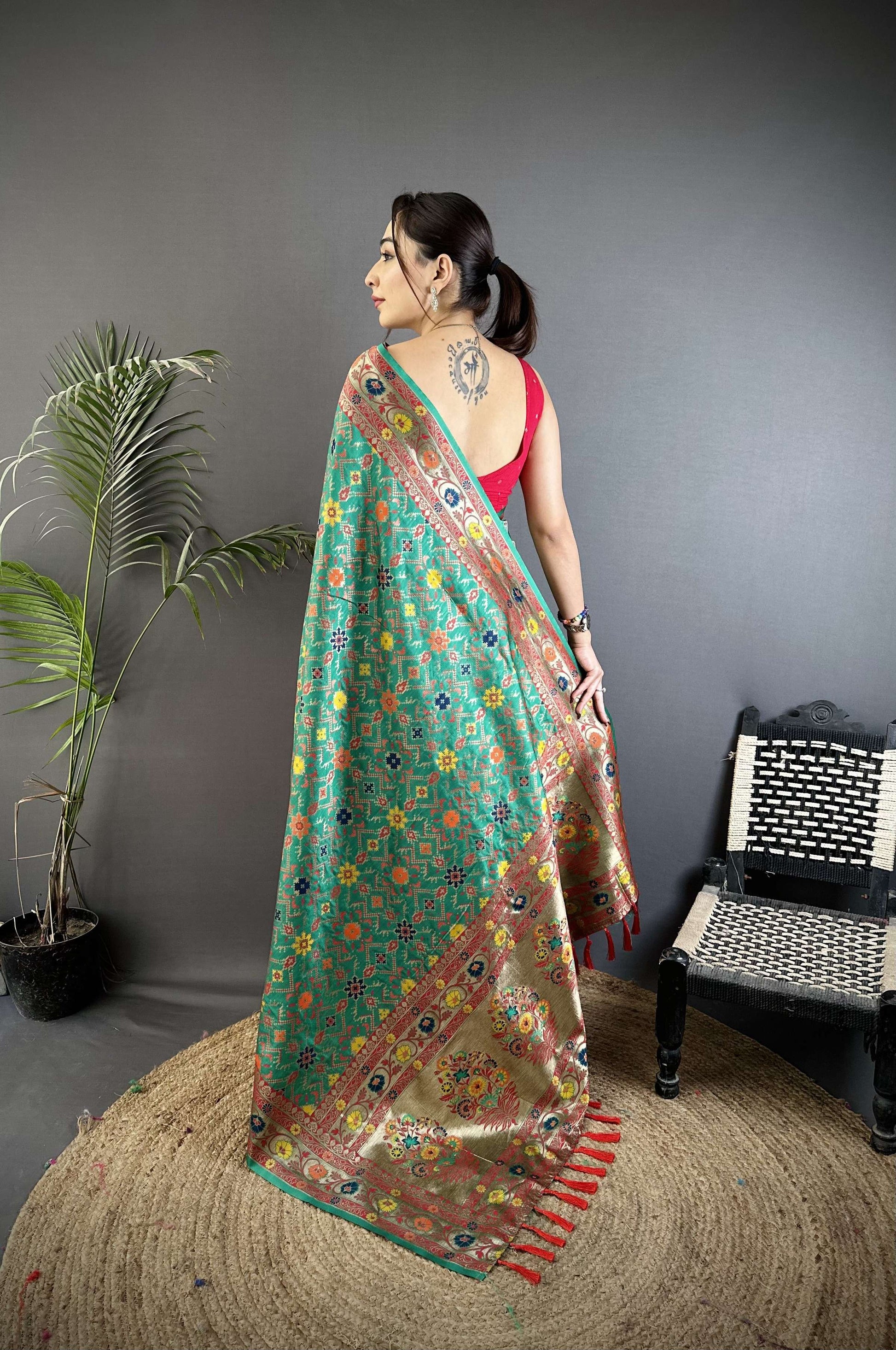 Sonakshi Women's Teal Banarsi Silk Tassel Weaving Traditional Saree with Blouse