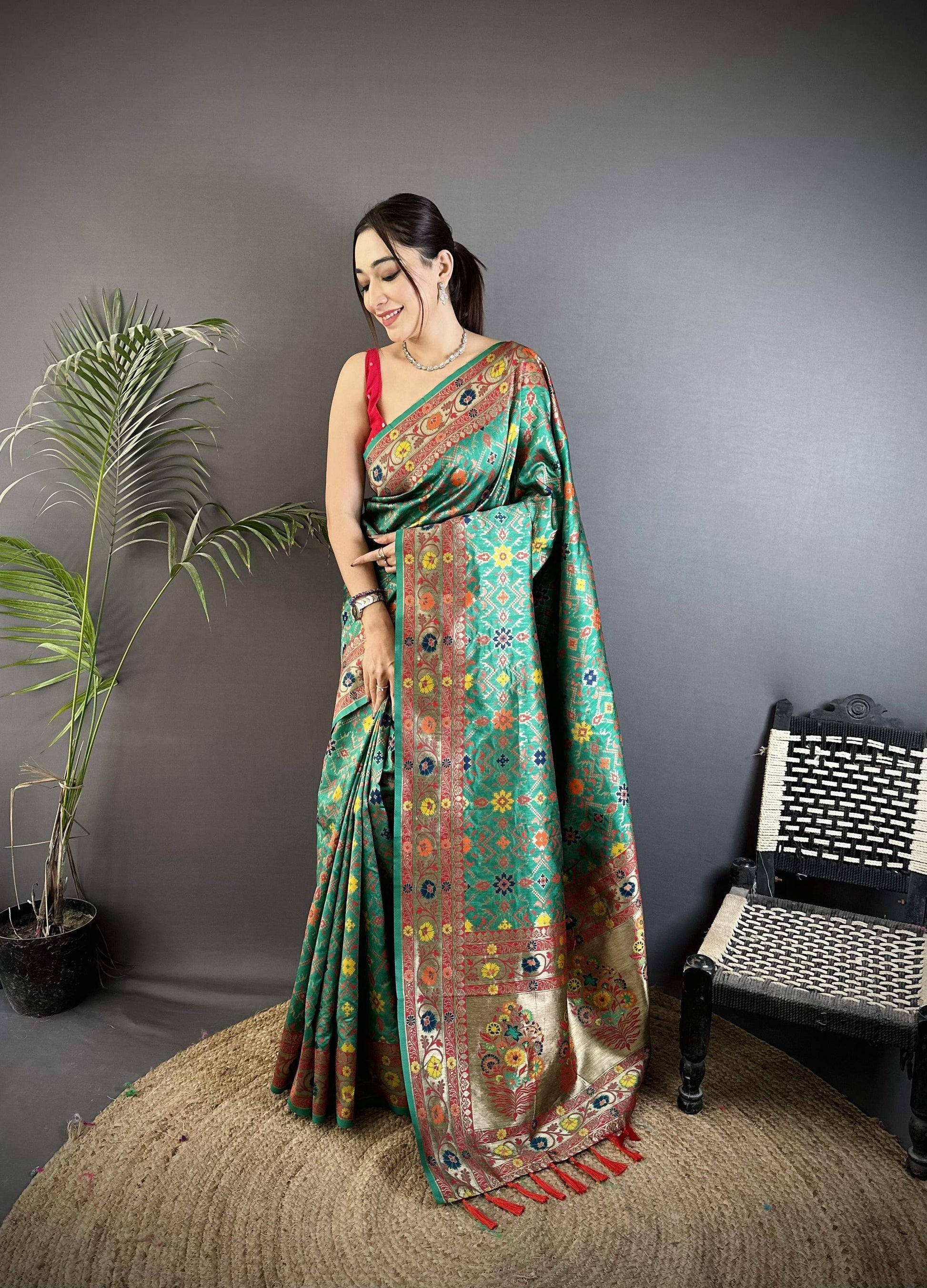 Sonakshi Women's Teal Banarsi Silk Tassel Weaving Traditional Saree with Blouse