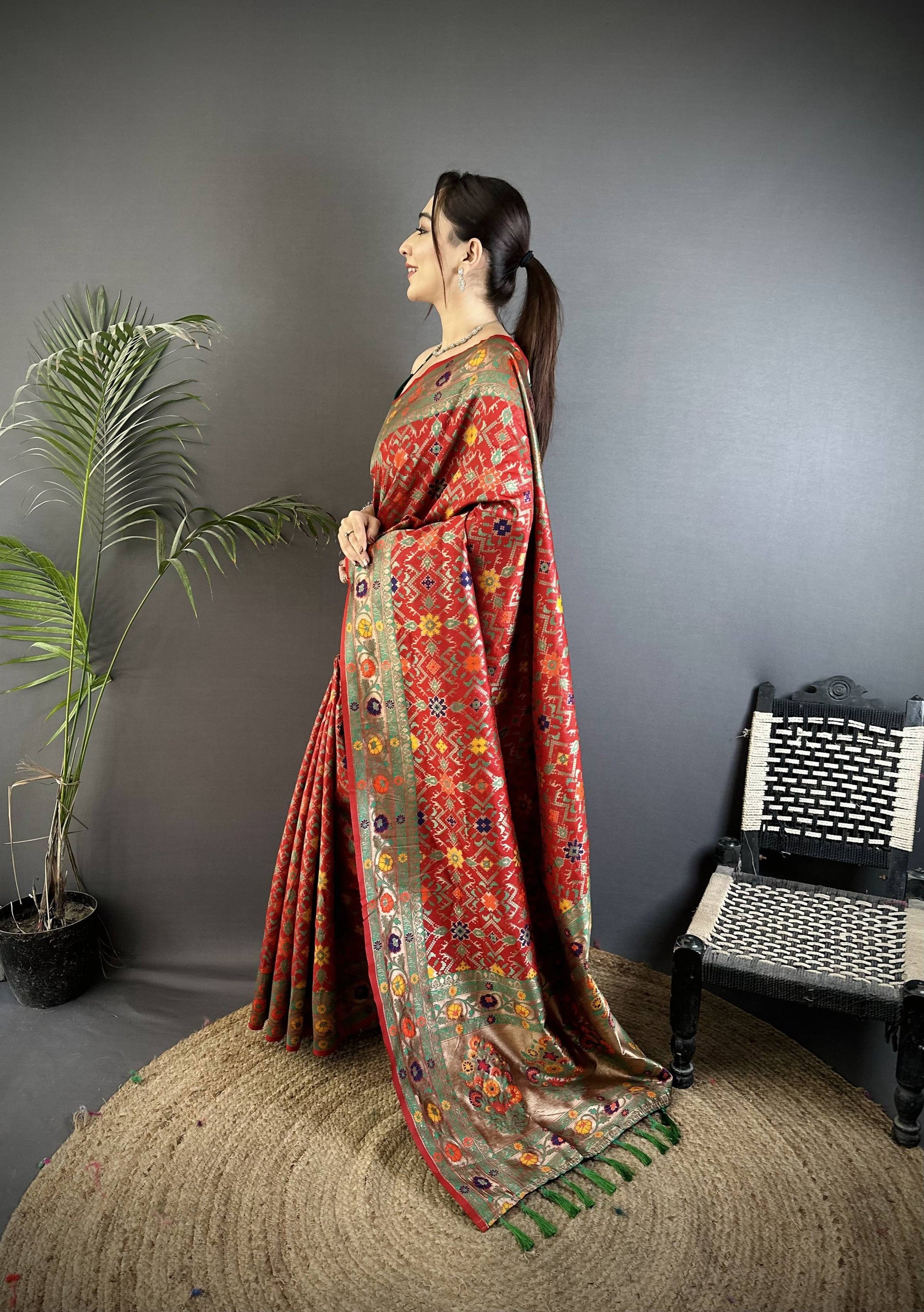 Sonakshi Women's Red Banarsi Silk Tassel Weaving Traditional Saree with Blouse
