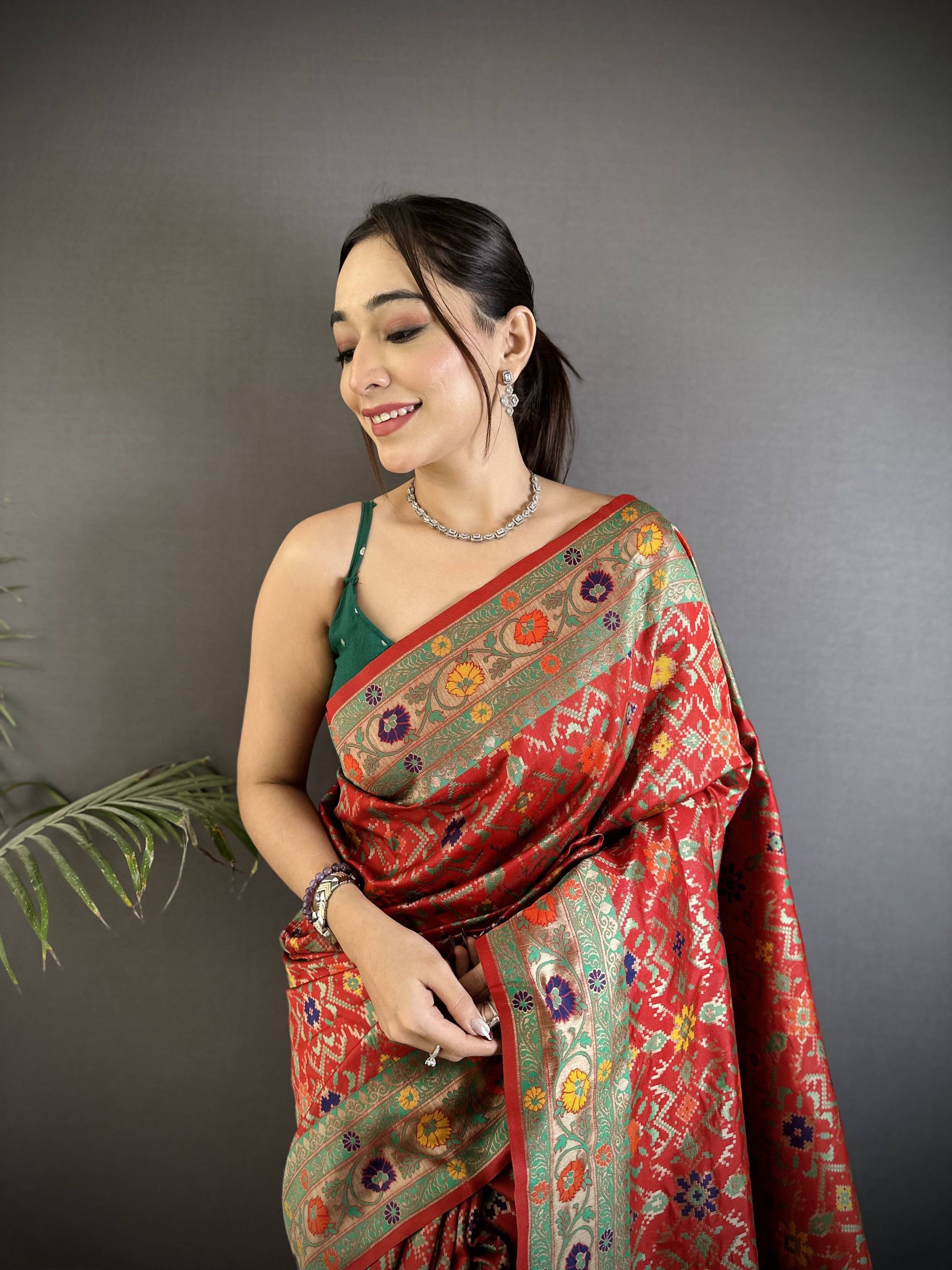 Sonakshi Women's Red Banarsi Silk Tassel Weaving Traditional Saree with Blouse