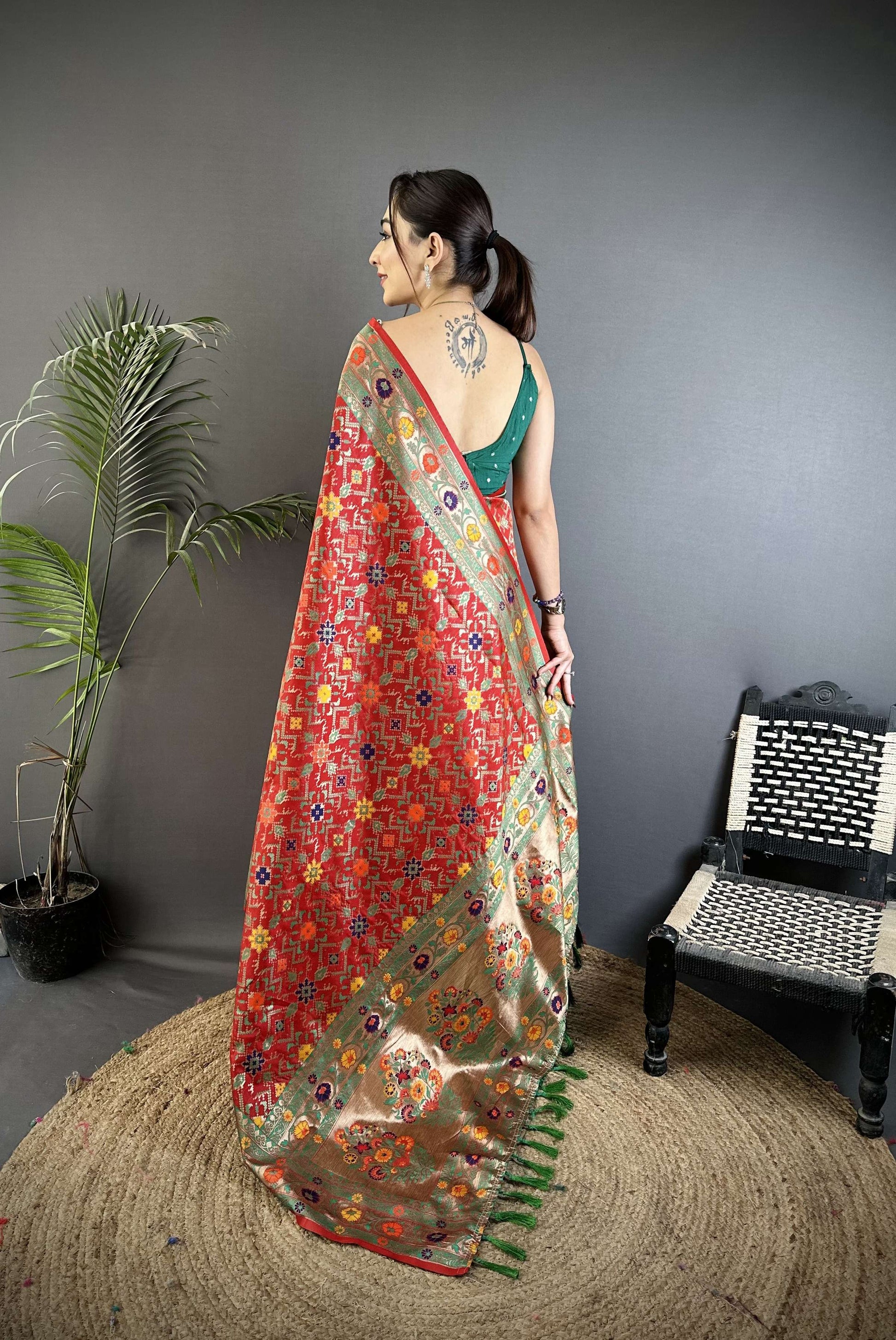 Sonakshi Women's Red Banarsi Silk Tassel Weaving Traditional Saree with Blouse
