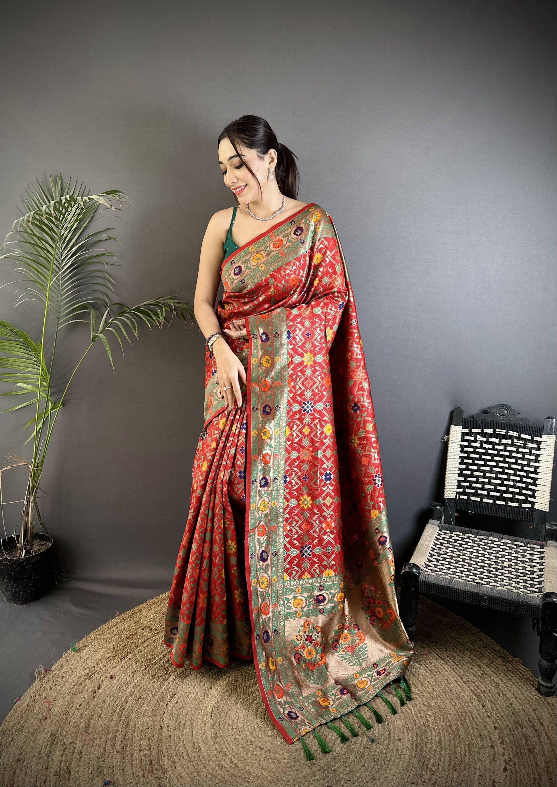 Sonakshi Women's Red Banarsi Silk Tassel Weaving Traditional Saree with Blouse
