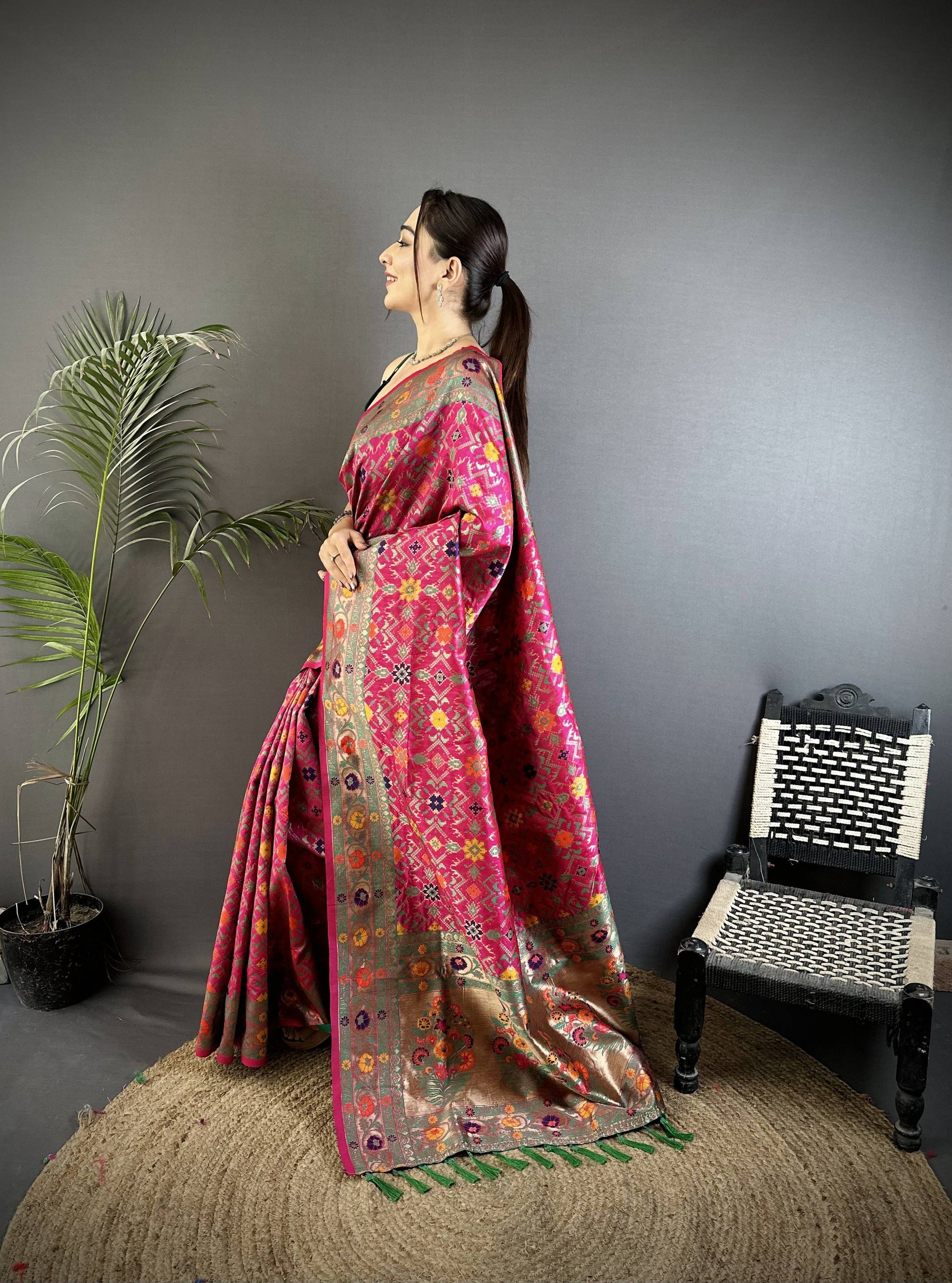 Sonakshi Women's Rani Pink Banarasi Silk Tassel Weaving Traditional Saree with Blouse