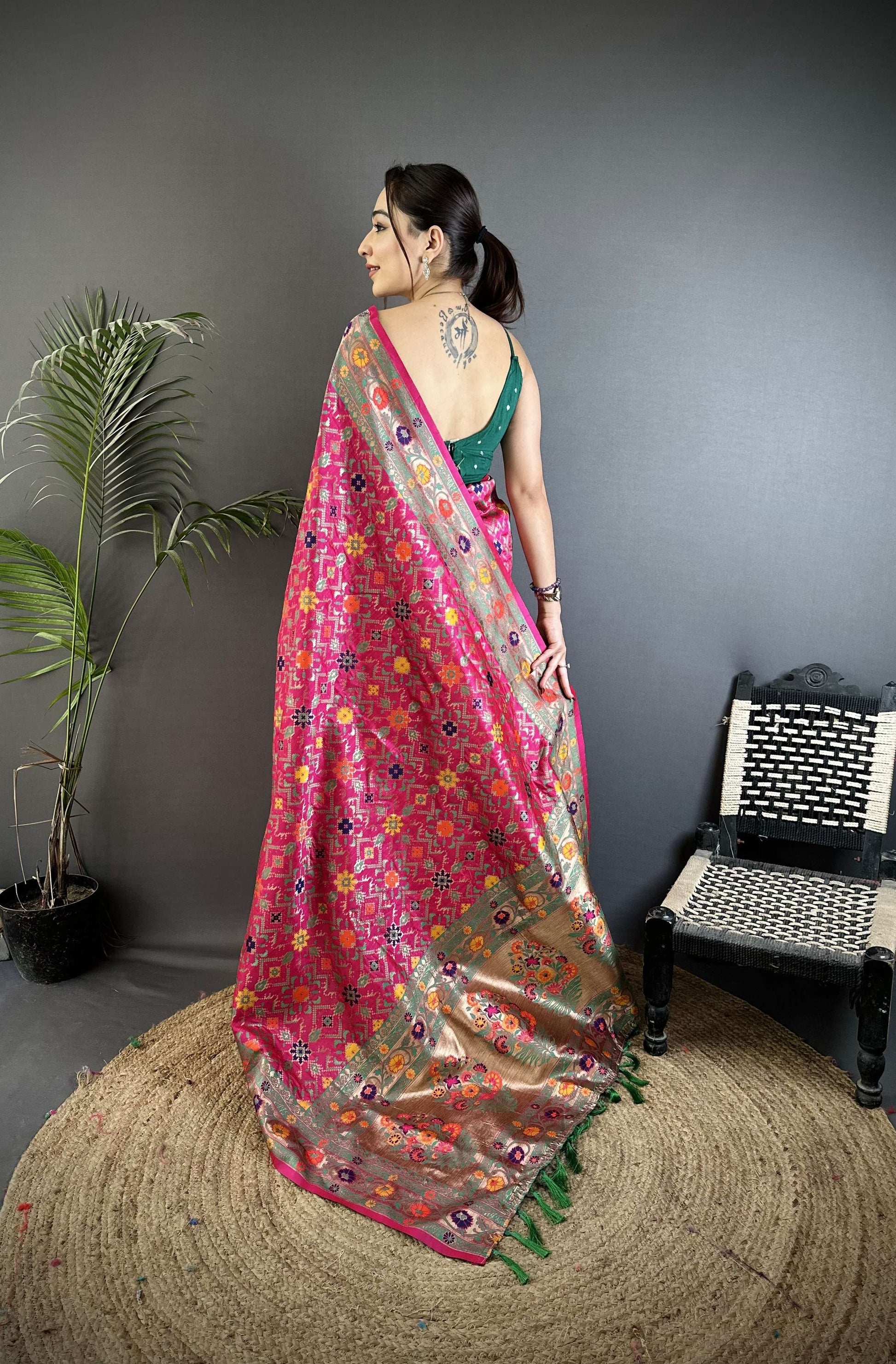 Sonakshi Women's Rani Pink Banarasi Silk Tassel Weaving Traditional Saree with Blouse