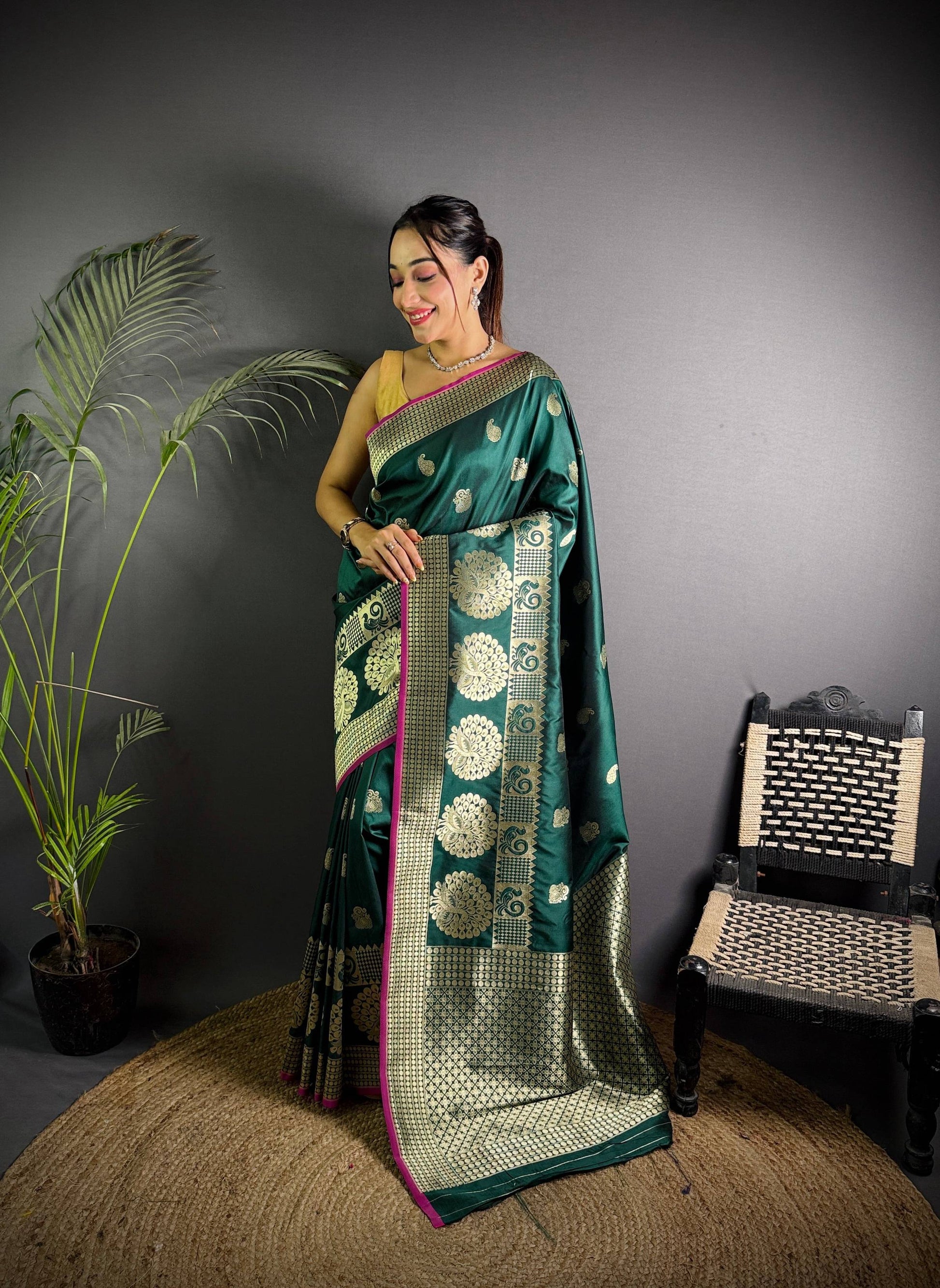 Sonakshi Women's Ramagreen Soft Banarasi Lichi Silk Golden Zari Weaving Traditional Saree with Blouse