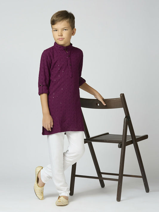 Joban Fashion Kids Island Full Sleeves Cotton Kurta, Pyjama Set with Sequin work - Wine