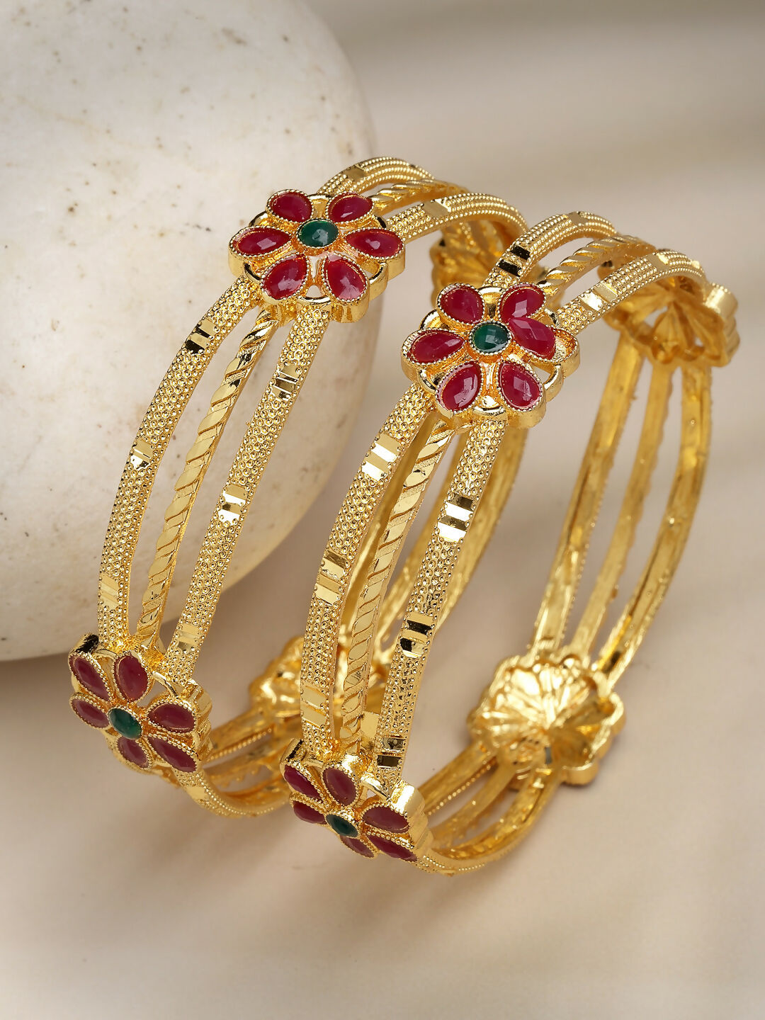 NVR Women's Set of 2 Gold-Polished Artificial Stones Handcrafted Traditional Bangles 