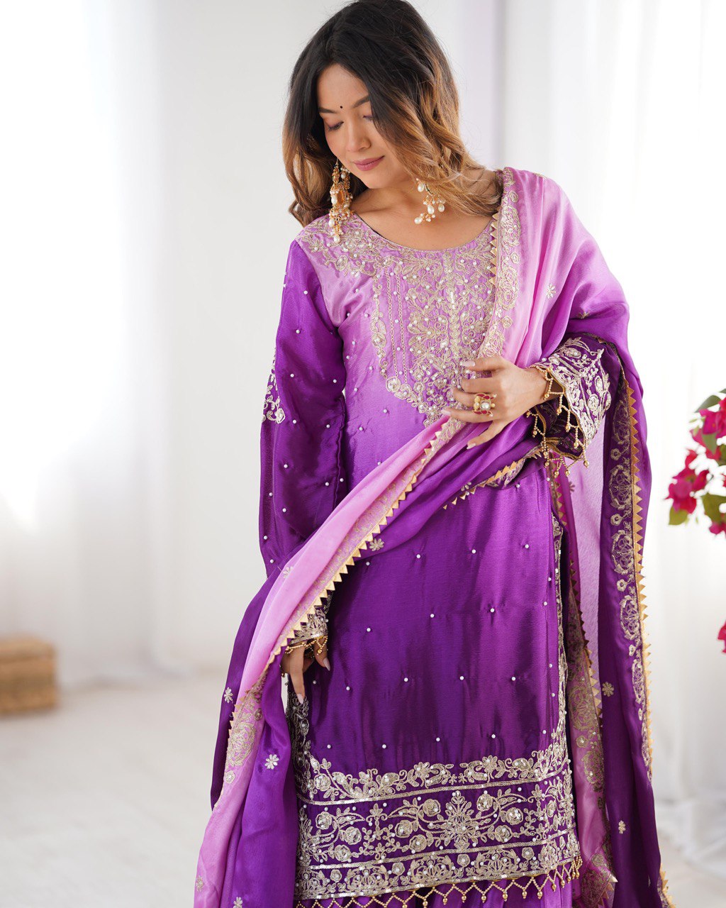 Prazu Fashion Lavender Chinon Silk Sequence With Rivet Moti Palazzo Suit
