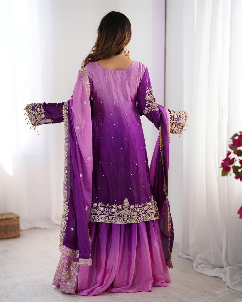 Prazu Fashion Lavender Chinon Silk Sequence With Rivet Moti Palazzo Suit