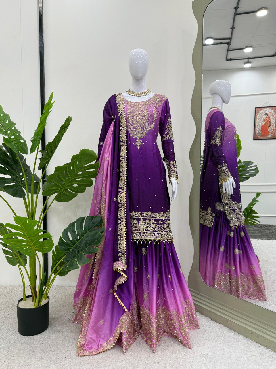 Prazu Fashion Lavender Chinon Silk Sequence With Rivet Moti Palazzo Suit
