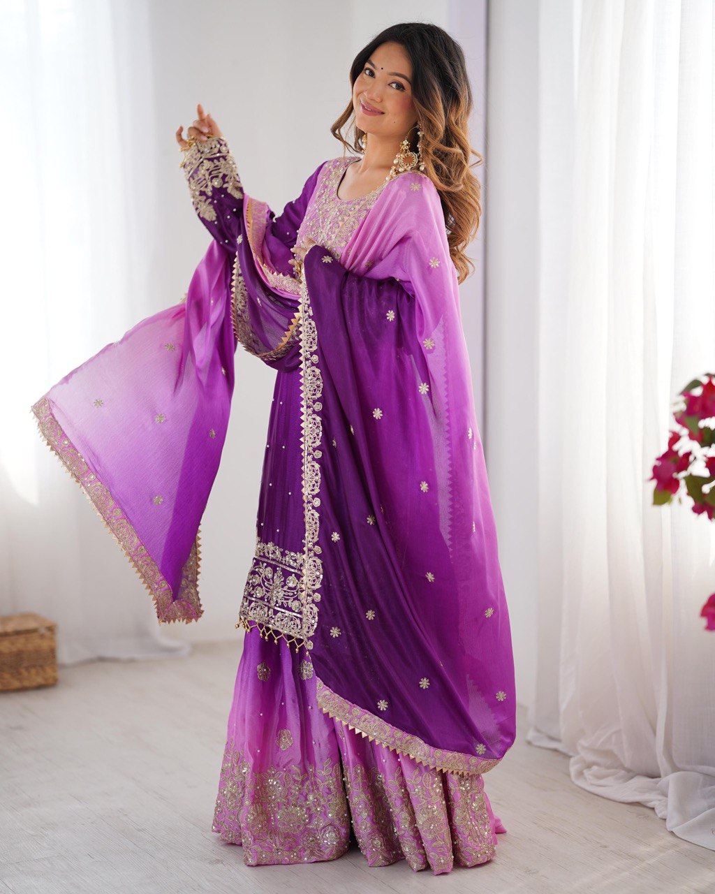 Prazu Fashion Lavender Chinon Silk Sequence With Rivet Moti Palazzo Suit