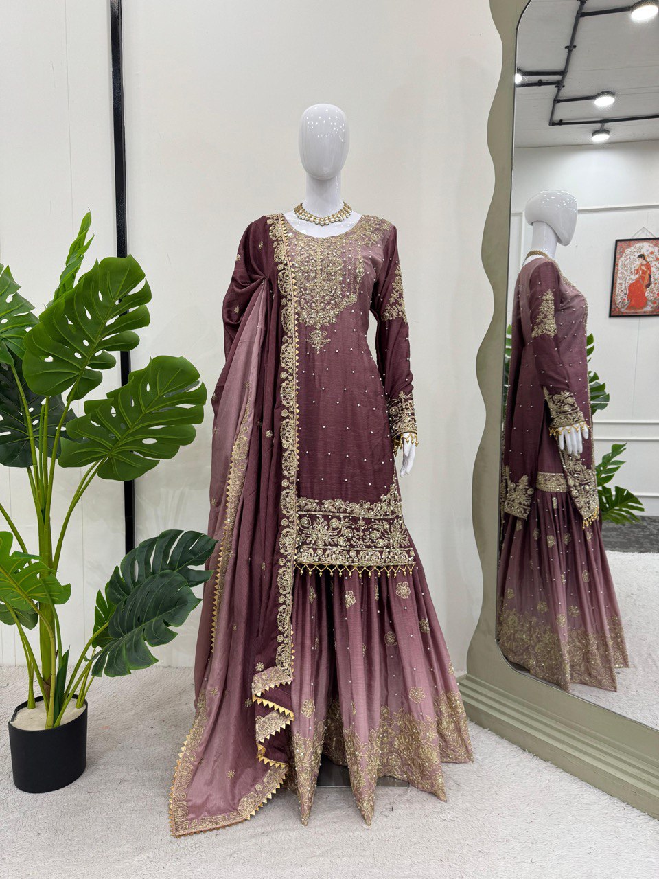 Prazu Fashion Onion Pink Chinon Silk Sequence With Rivet Moti Palazzo Suit