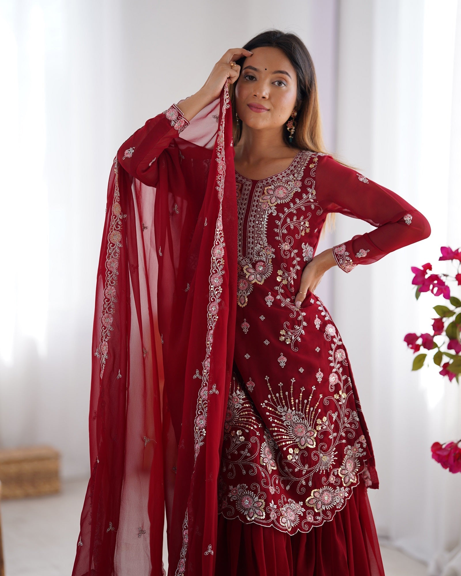Lehenga Mart Red Faux Georgette Gorgeous Sharara Suit For Wedding Wear