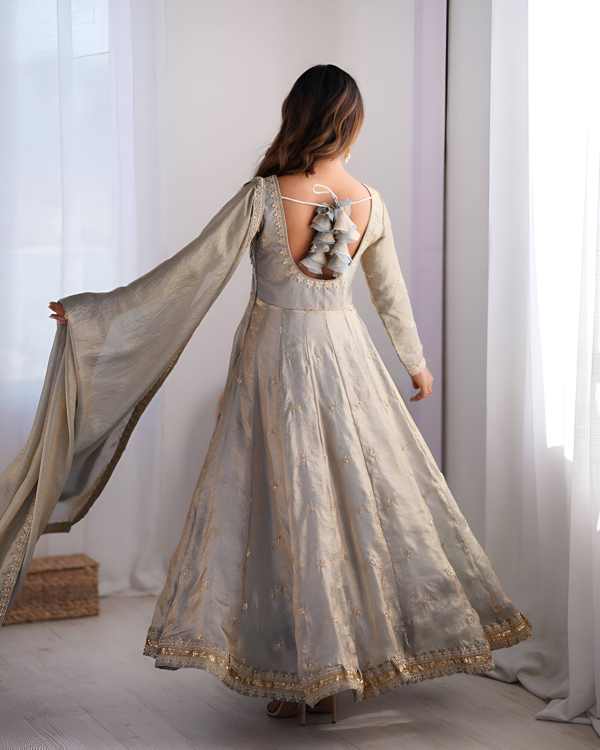 Lehenga Mart Wedding Wear Anarkali Gown With Dupatta - Grey