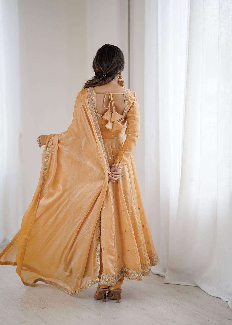 Prazu Fashion Light Golden Fandy Silk Coding With Sequence Work Wedding Wear Anarkali Suit