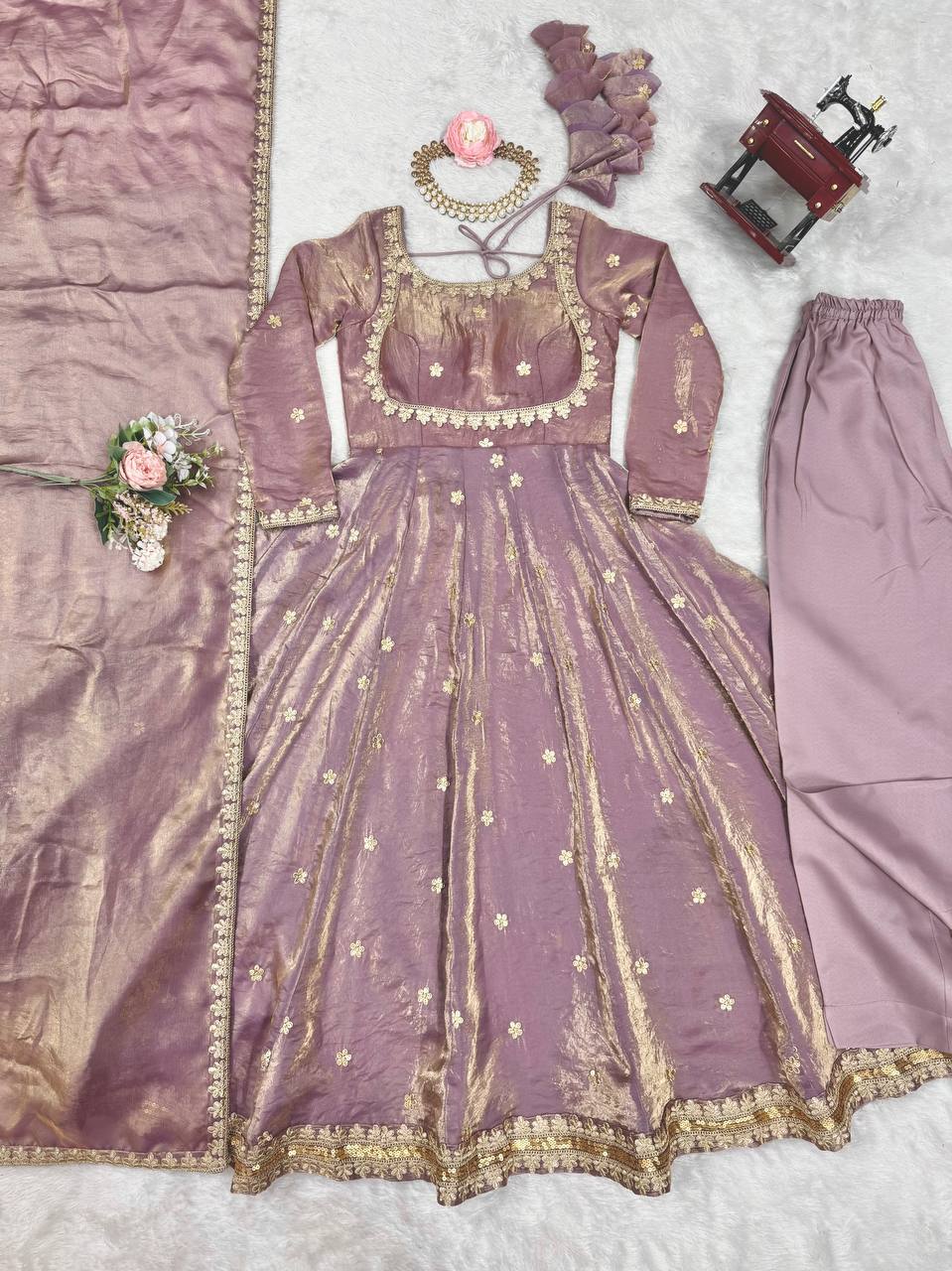 Prazu Fashion Light Onion Pink Fandy Silk Coding With Sequence Work Wedding Wear Anarkali Suit