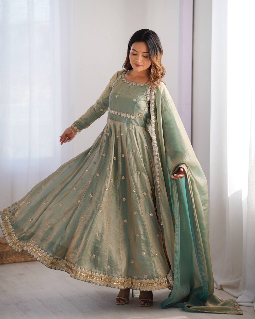 Prazu Fashion Olive Green Fandy Silk Coding With Sequence Work Wedding Wear Anarkali Suit
