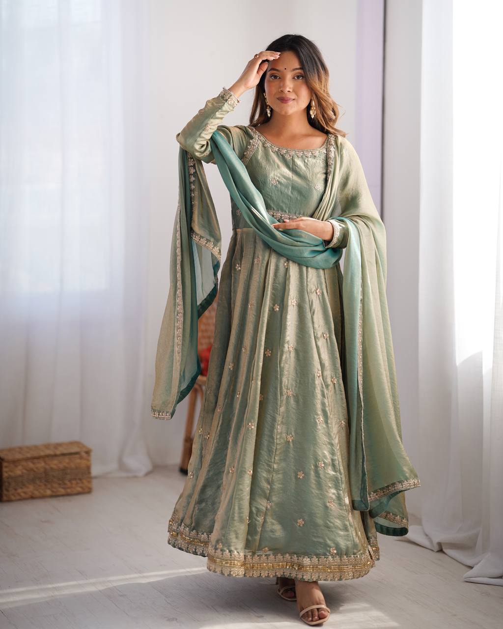 Prazu Fashion Olive Green Fandy Silk Coding With Sequence Work Wedding Wear Anarkali Suit