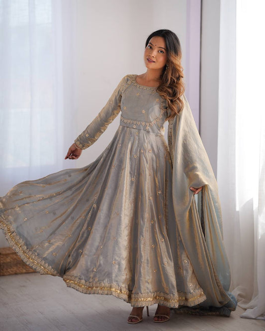 Prazu Fashion Silver Grey Fandy Silk Coding With Sequence Work Wedding Wear Anarkali Suit