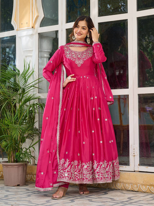 Prazu Fashion Pink Silk Thread With Sequence Anarkali Suit