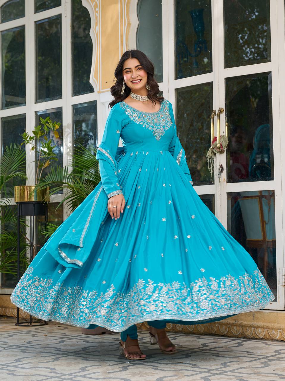 Prazu Fashion Sky Blue Silk Thread With Sequence Anarkali Suit