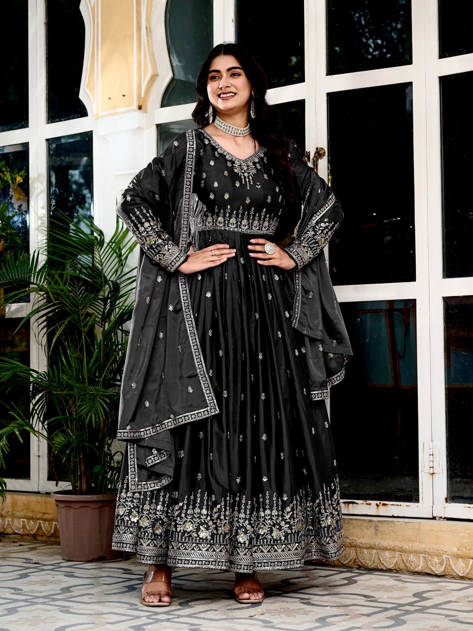 Lehenga Mart American Silk Gown With Dupatta-Black
