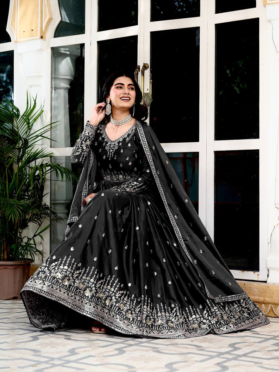 Lehenga Mart American Silk Gown With Dupatta-Black