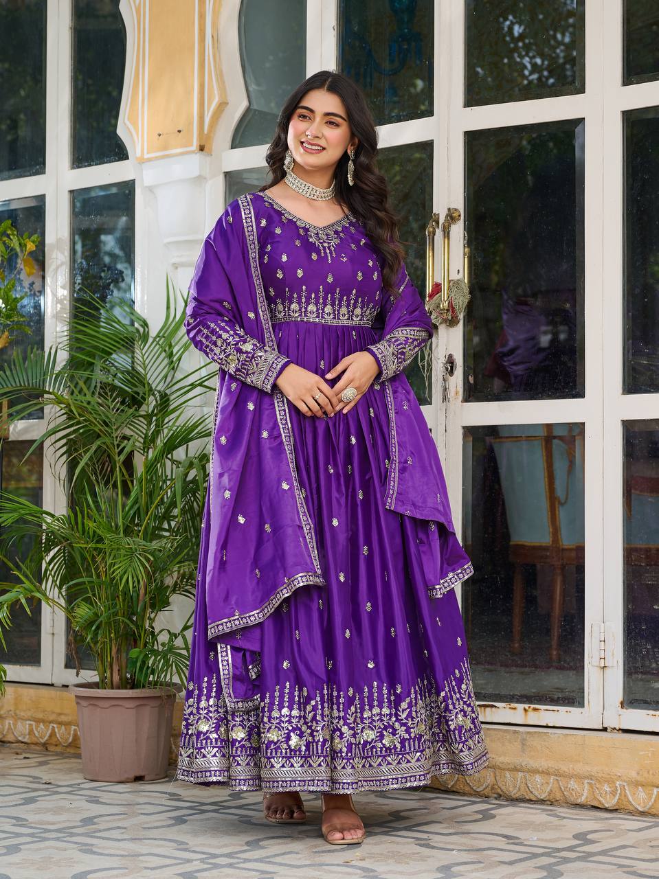 Lehenga Mart American Silk Gown With Dupatta-Blue