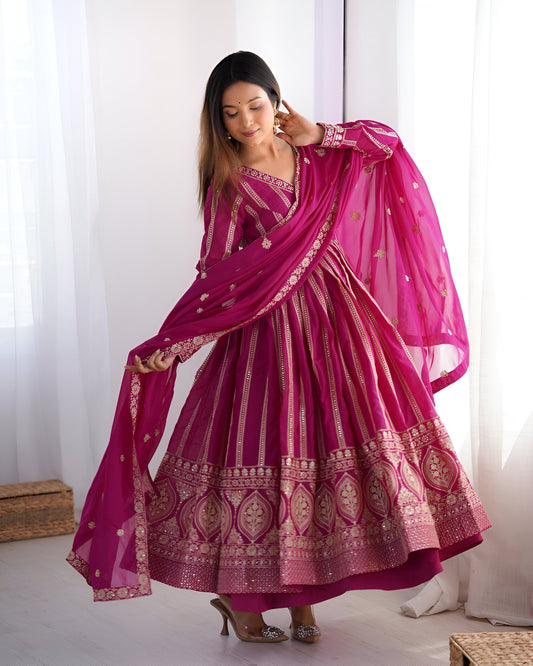 Lehenga Mart Wedding Wear Anarkali Gown With Dupatta Set - Pink