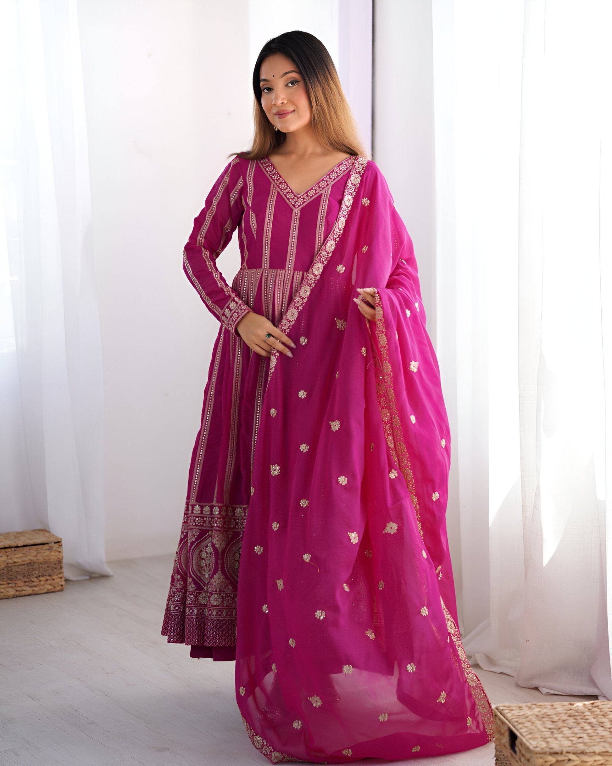Lehenga Mart Wedding Wear Anarkali Gown With Dupatta Set - Pink