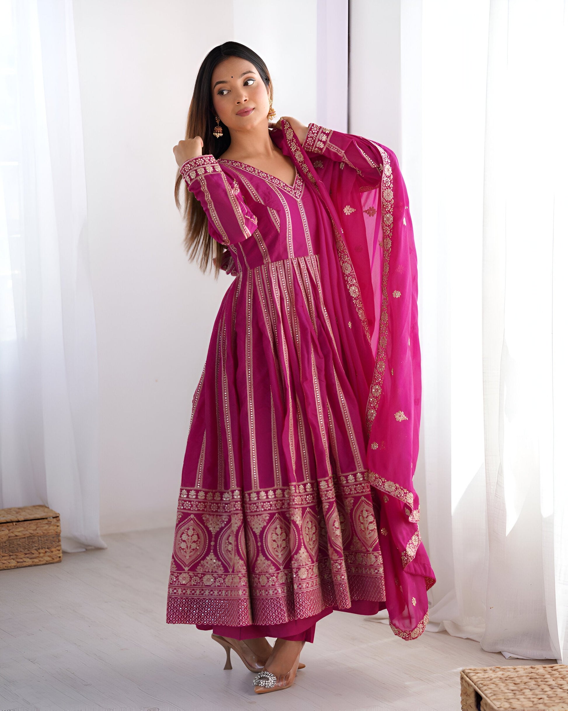 Lehenga Mart Wedding Wear Anarkali Gown With Dupatta Set - Pink
