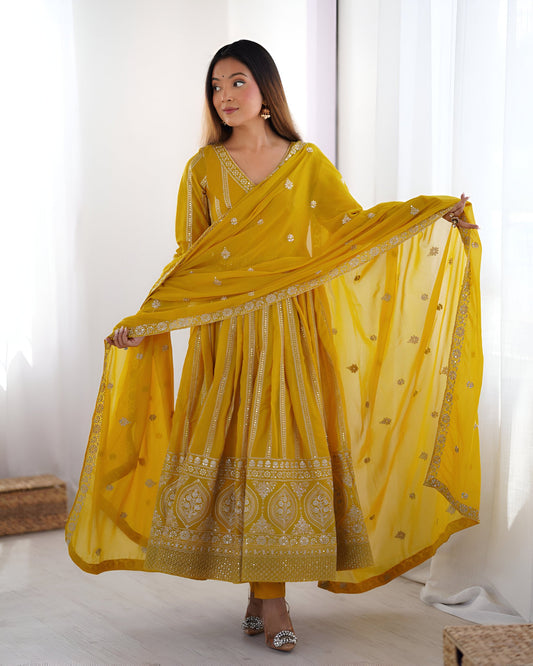 Lehenga Mart Wedding Wear Anarkali Gown With Dupatta Set - Yellow