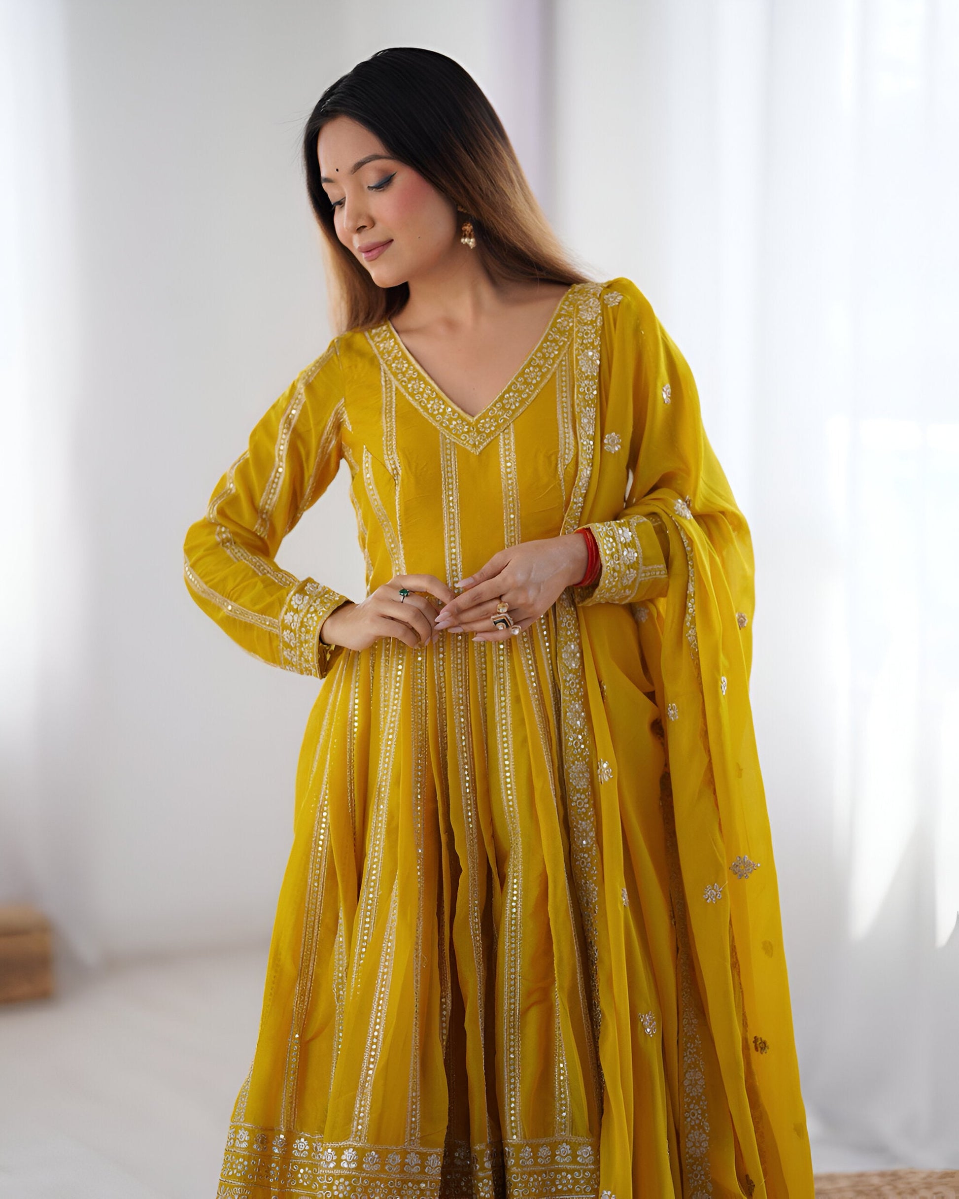 Lehenga Mart Wedding Wear Anarkali Gown With Dupatta Set - Yellow
