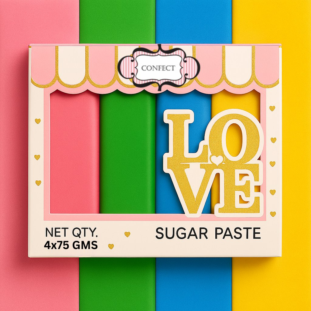 Confect Multipack of Old Rose, Pea Green, Brilliant Blue and Sunshine Yellow Sugarpaste 16