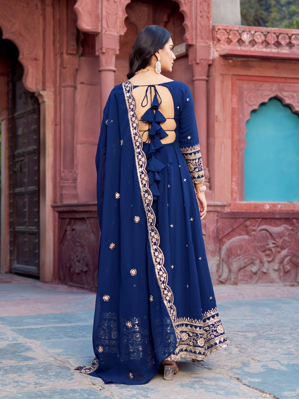 Prazu Fashion Blue Georgette Thread Sequence Anarkali Suit