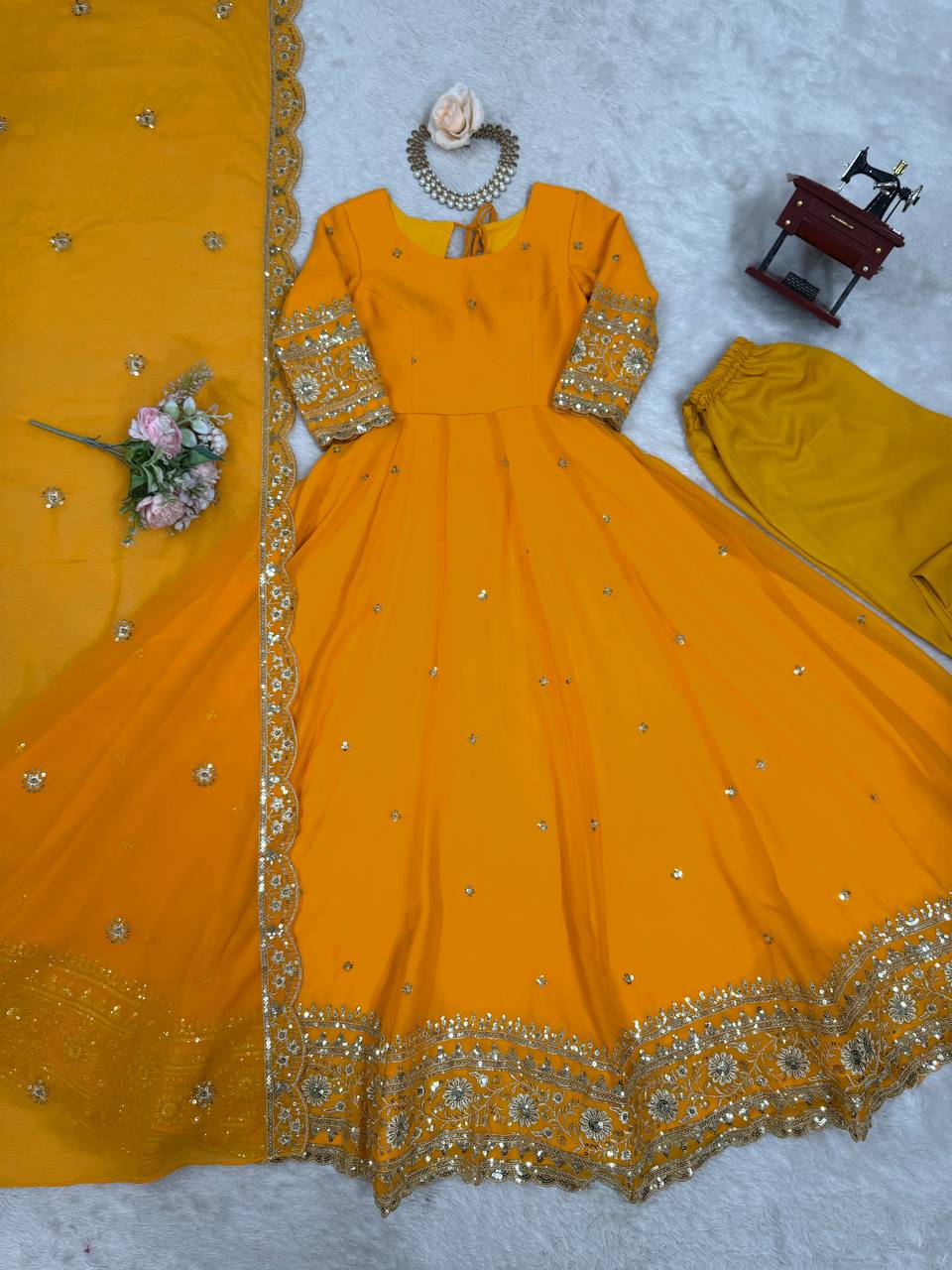 Prazu Fashion Mustard Georgette Thread Sequence Anarkali Suit