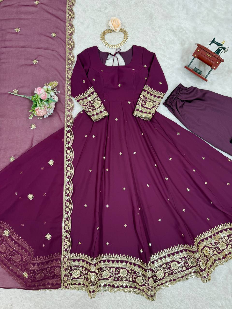 Prazu Fashion Wine Georgette Thread Sequence Anarkali Suit
