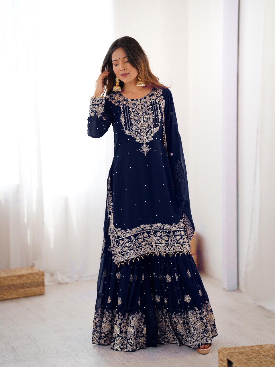 Prazu Fashion Navy Blue Faux Georgette Embroidered Thread Work Sharara Suit