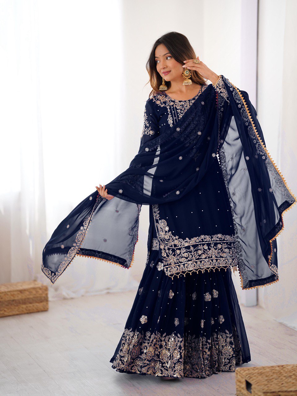 Prazu Fashion Navy Blue Faux Georgette Embroidered Thread Work Sharara Suit