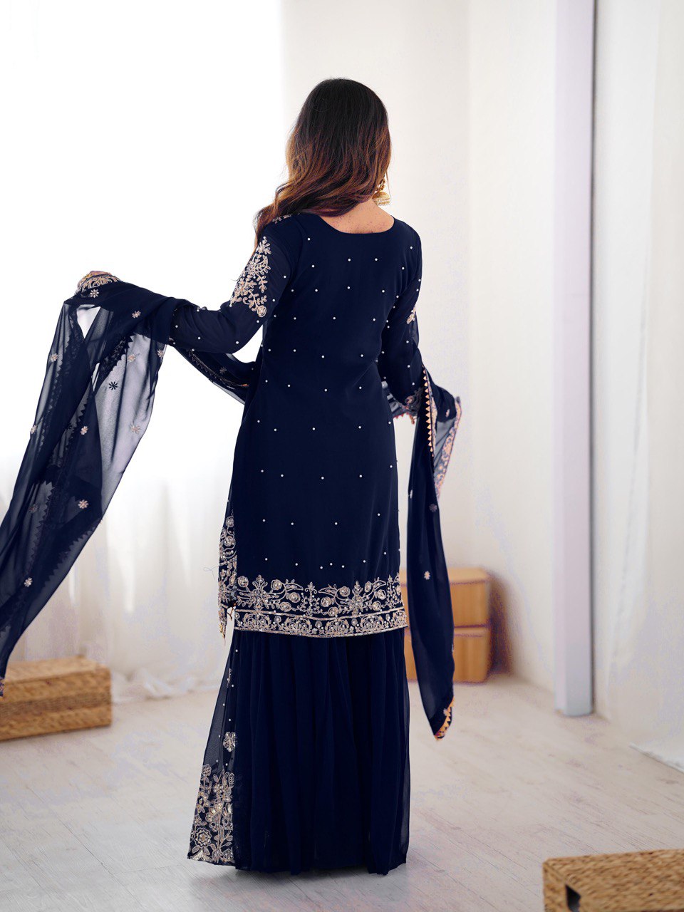 Prazu Fashion Navy Blue Faux Georgette Embroidered Thread Work Sharara Suit