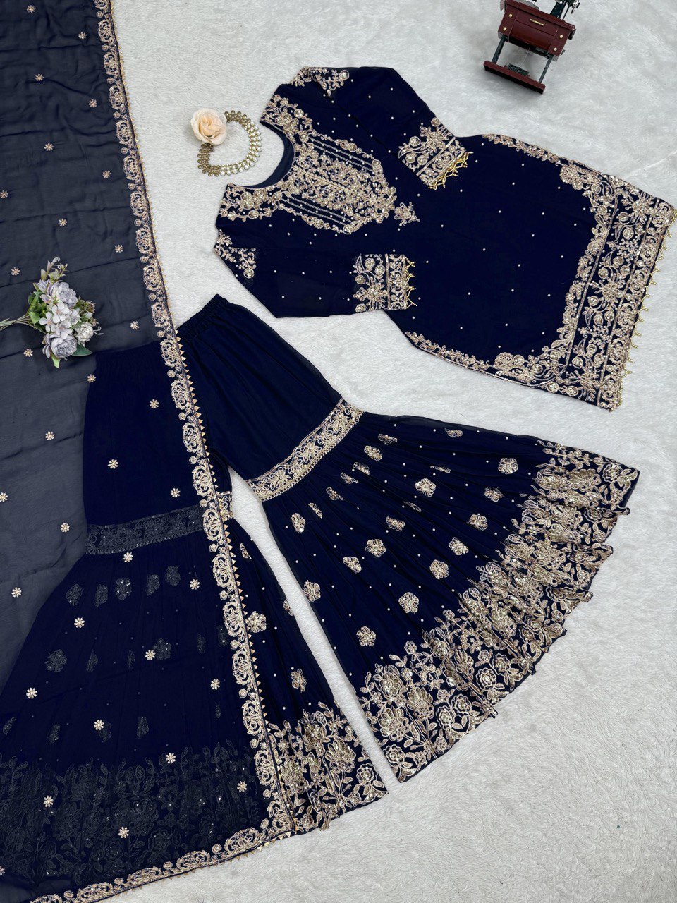 Prazu Fashion Navy Blue Faux Georgette Embroidered Thread Work Sharara Suit