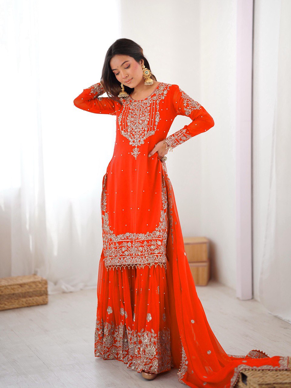 Prazu Fashion Orange Faux Georgette Embroidered Thread Work Sharara Suit