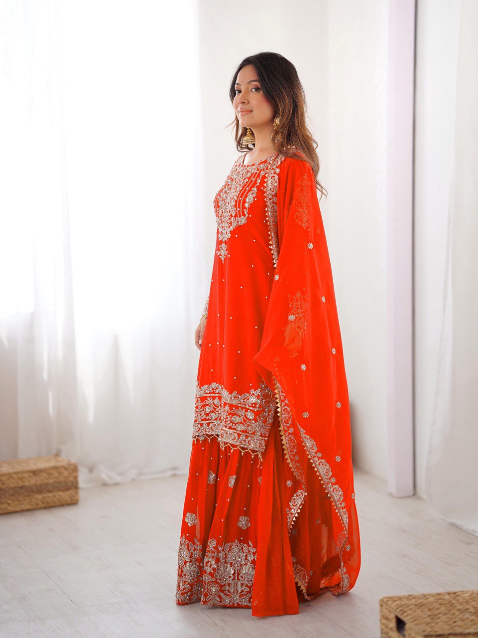 Prazu Fashion Orange Faux Georgette Embroidered Thread Work Sharara Suit