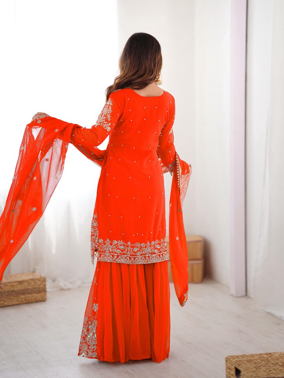 Prazu Fashion Orange Faux Georgette Embroidered Thread Work Sharara Suit