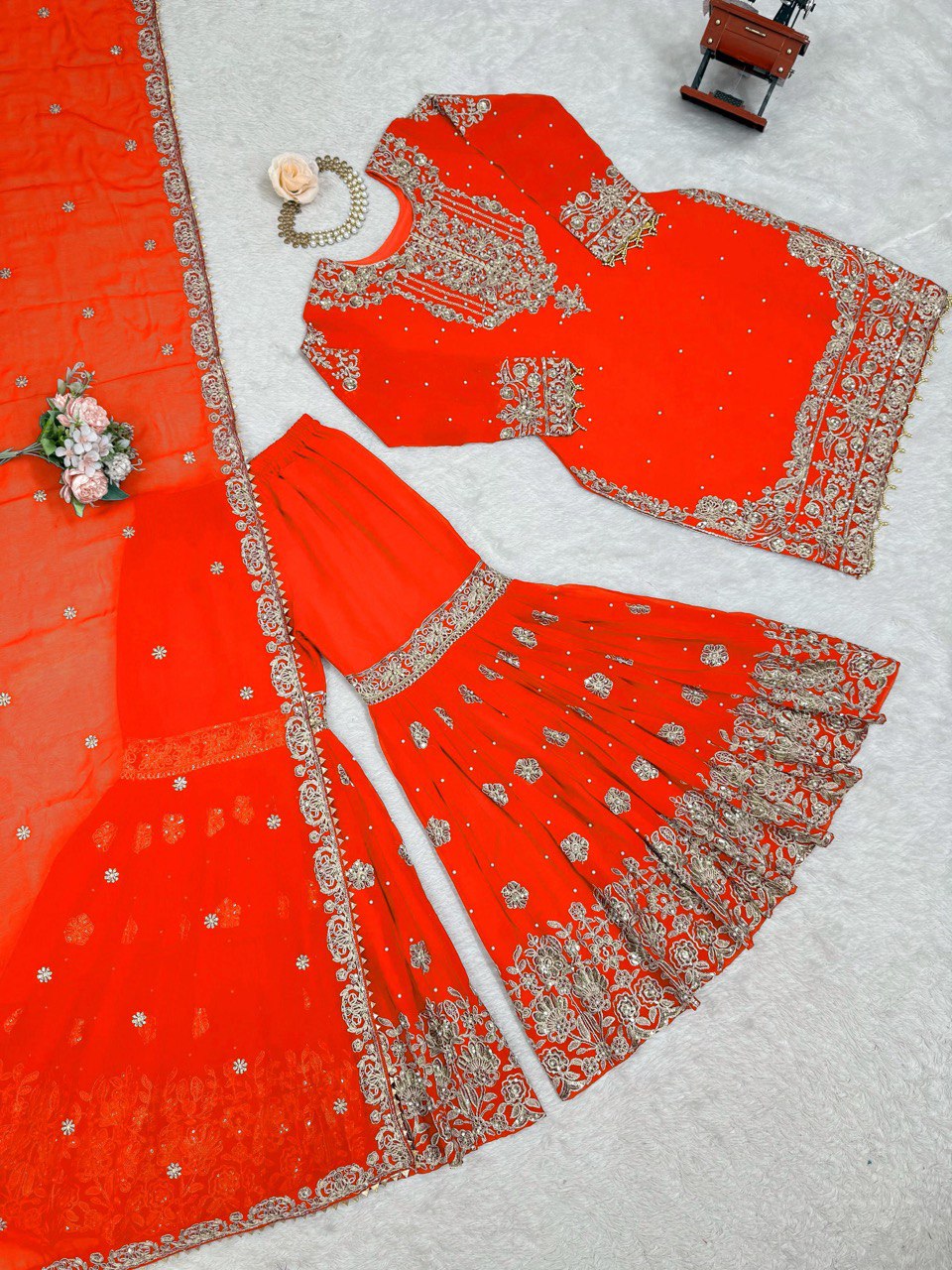 Prazu Fashion Orange Faux Georgette Embroidered Thread Work Sharara Suit