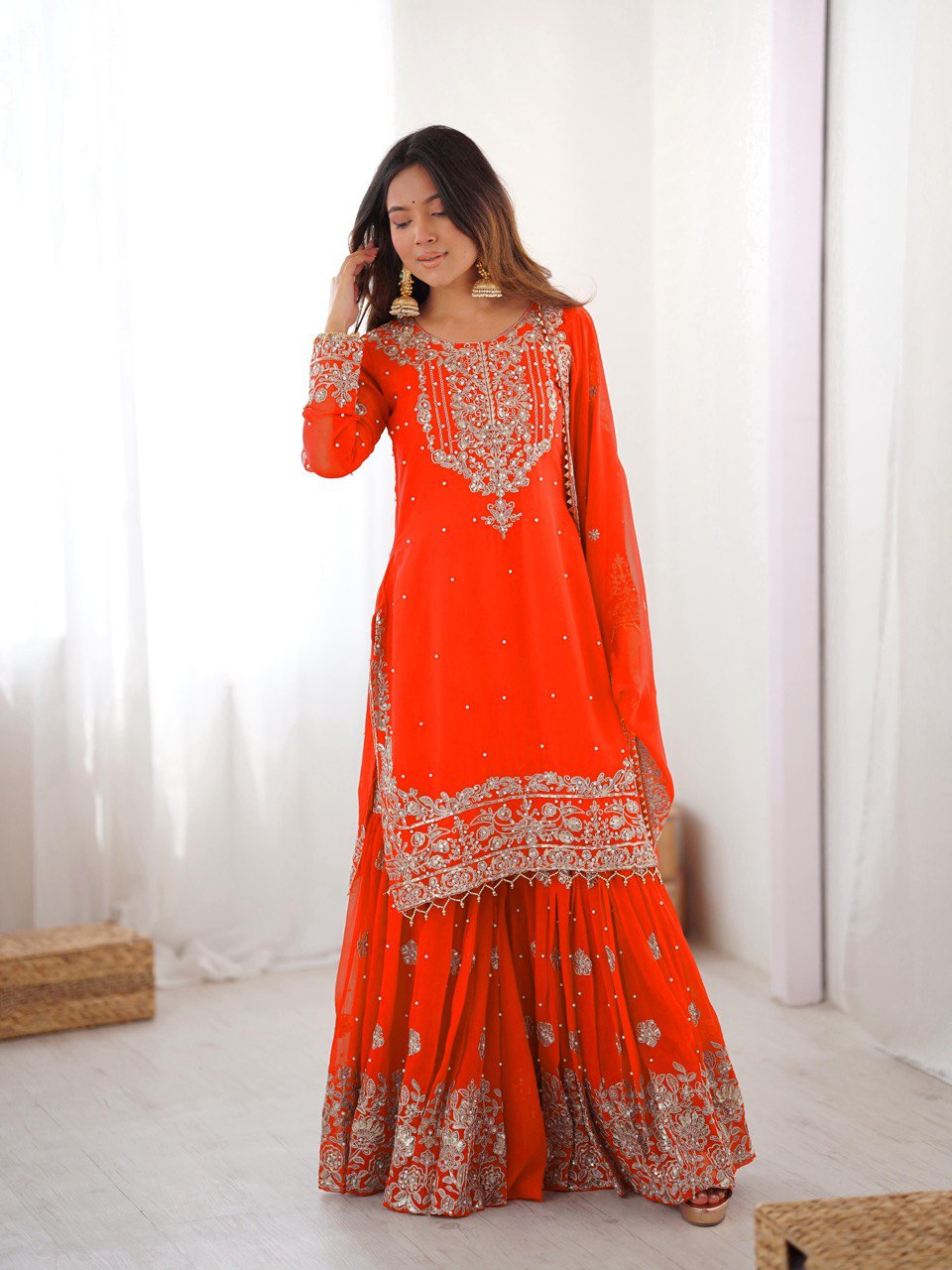 Prazu Fashion Orange Faux Georgette Embroidered Thread Work Sharara Suit