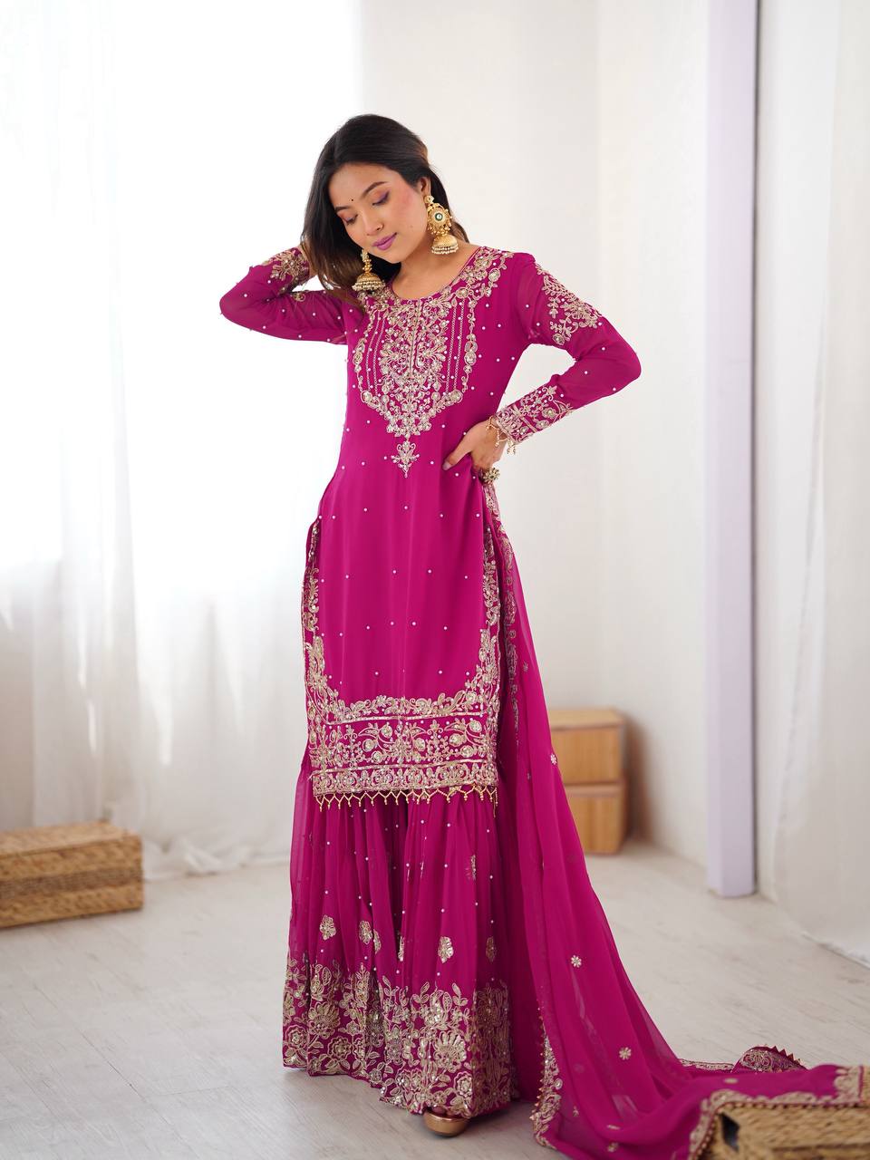 Prazu Fashion Pink Faux Georgette Embroidered Thread Work Sharara Suit