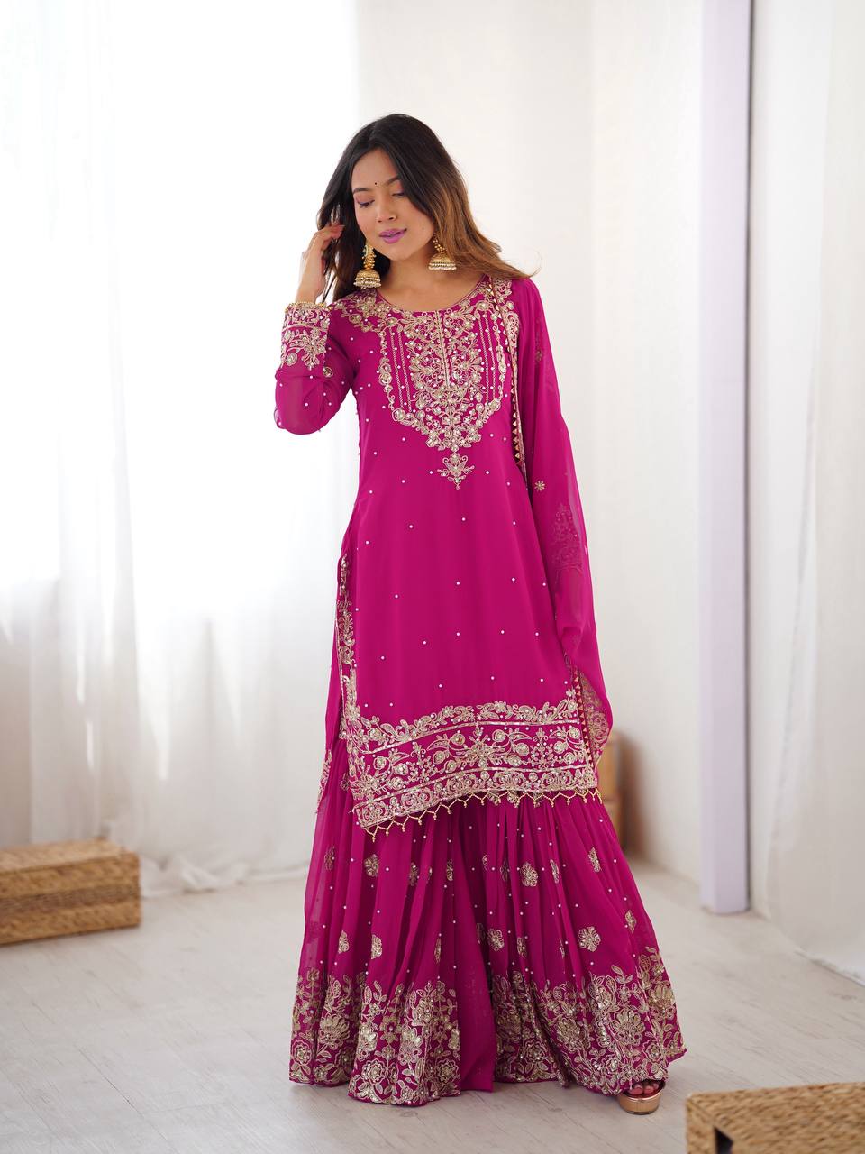 Prazu Fashion Pink Faux Georgette Embroidered Thread Work Sharara Suit