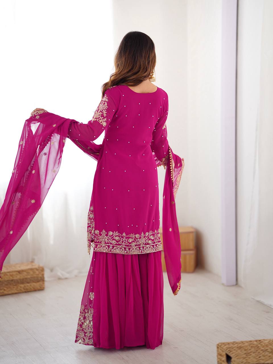 Prazu Fashion Pink Faux Georgette Embroidered Thread Work Sharara Suit